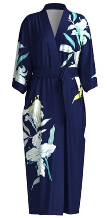 Домашній халат-кімоно з атласу, довгий, з квітами, темно-синій та ліловий (один розмір). Ідеально для вечірки, весілля або як подарунок.