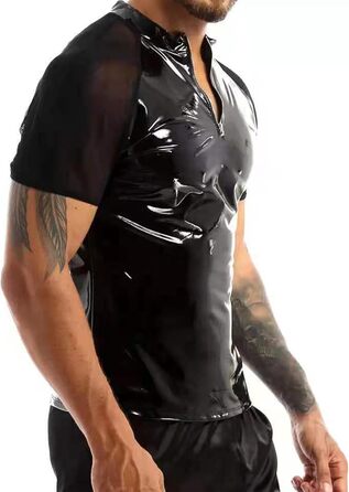 Чоловіча сорочка з лакованої шкіри, Wetlook, коротка, чорна - AIEOE