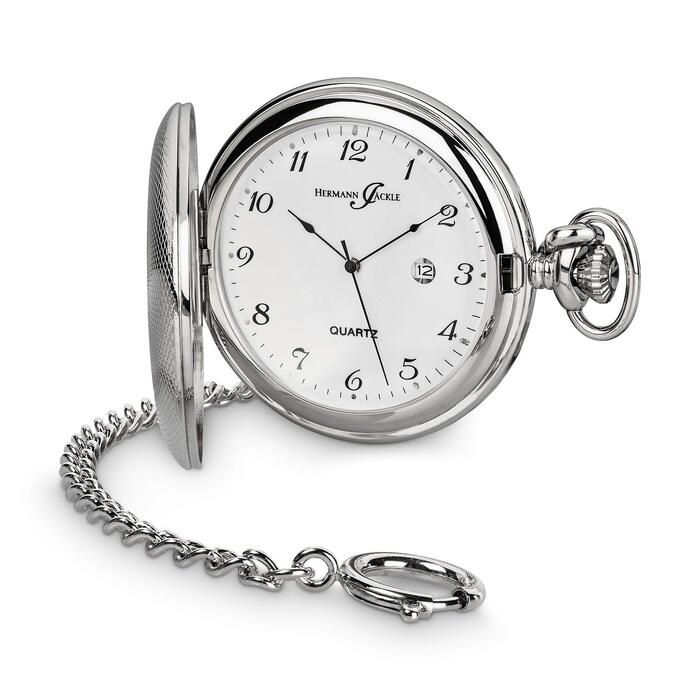 Чоловічий кишеньковий годинник Hermann Jäckle Tübingen Quartz сріблястий, 50 мм, з календарем та ланцюжком
