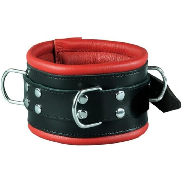 Набір для фіксації Bondage з широкими ремінцями 8 см, шкіра, з м'якою підкладкою (ручні та ножні кайдани + нашийник), червоно-чорний колір, преміум-якість