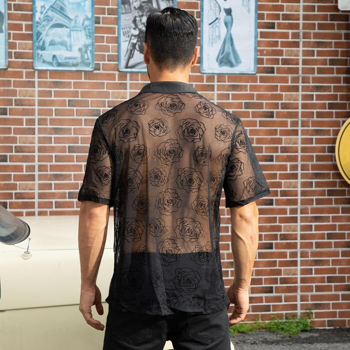 Чоловіча мереживна сорочка з короткими рукавами ABEHIK для рейв-вечірок та клубу (темно-синій, S)