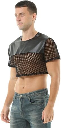 Чоловіча футболка з сітки та штучної шкіри - прозора, стильна