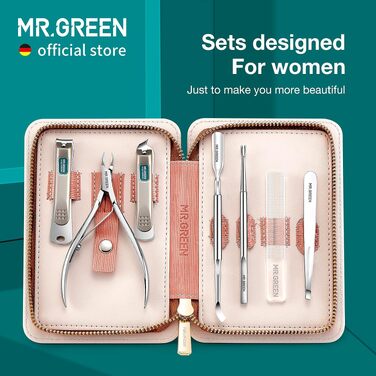 Професійний набір для манікюру та педикюру MR.GREEN 7 в 1, інструменти з нержавіючої сталі в шкіряному чохлі (PU), набір для догляду за нігтями