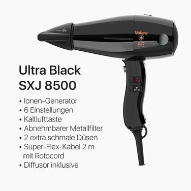 Професійний фен для волосся Valera Swiss Silent Jet 8500 Ultrablack, 2000 Вт, з іонізатором та двигуном PM-Pro