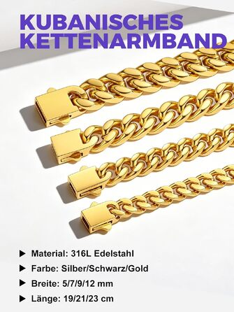 Чоловічий сталевий браслет Richsteel Cuban Link (кубинський ланцюг) з подарунковою коробкою, золотий, ширина 12мм, довжина 23см