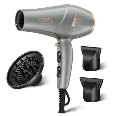Професійний фен для волосся CONFU 2300W з іонною технологією, дифузором та вузьким соплом, AC-мотор, 2 швидкості, 3 температурні режими та холодний обдув, 220V (Сірий)