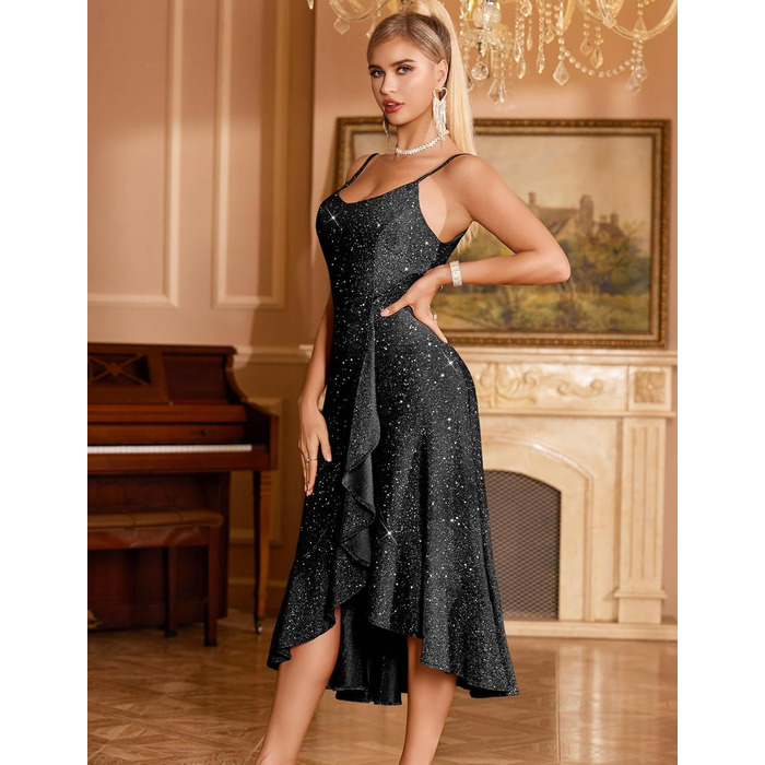 Сукня коктейльна DRESSTELLS для вечірки, весілля, святкування. Чорна, з блискітками, на тонких бретелях, довжина до коліна. Елегантна, для святкових заходів. Розмір L