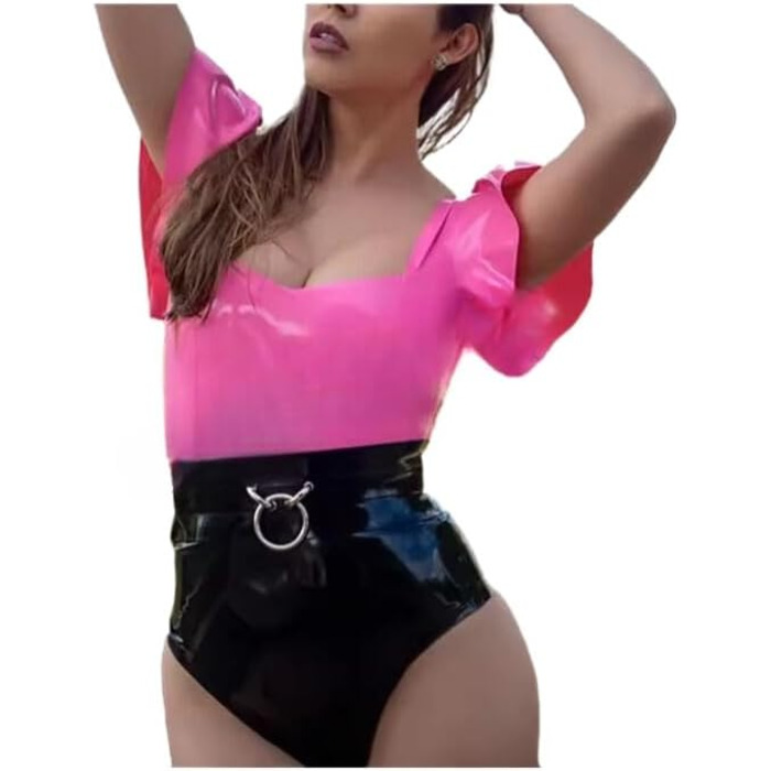 Латексний костюм GAYLOP для жінок: латексний купальник з короткими рукавами, рожевий та чорний, ручної роботи