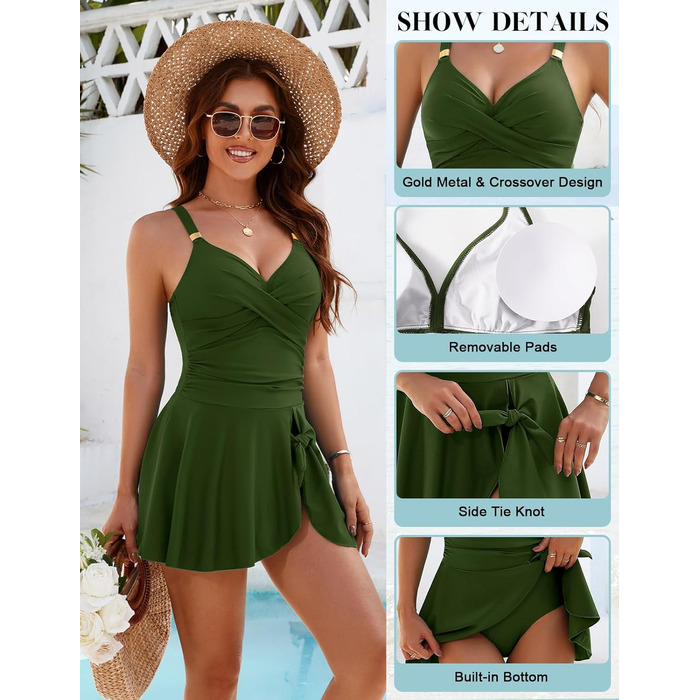 Зелений купальник суцільний Badeanzug Damen з V-подібним вирізом та push-up, для пляжу та басейну, розмір XXL