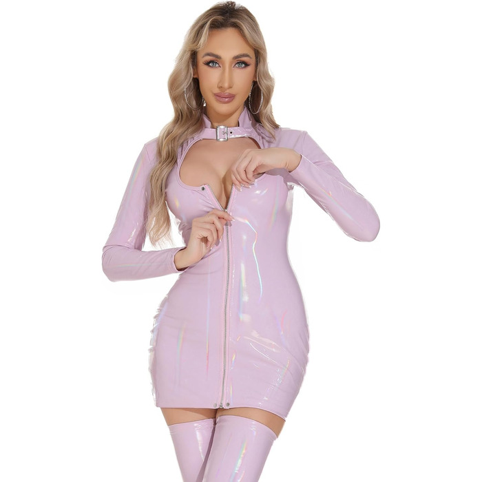 Сукня FEOYA з ефектом мокрого блиску з екошкіри, облягаюча, міні, з довгим рукавом, на блискавці, для клубу, вечірки, косплею, карнавалу, S-3XL, фіолетовий