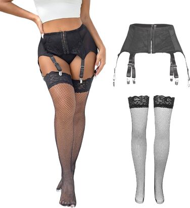 Чорні мереживні панчохи з широким поясом та шорстками на плечах, розмір XS-S