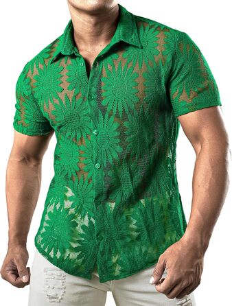 Чоловіча сорочка JOGA з мереживом, короткий рукав, літня, зелена (XL)