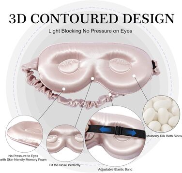 Маска для сну ZIMASILK 3D з натурального шовку тутовниці (22 мм), регульована маска з ефектом нульового тиску для довгих вій та нарощених вій, колір: Rose