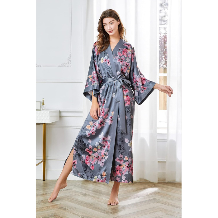 Халат жіночий довгий з атласу, квітковий принт, Babeyond. Ідеальний для дому, відпочинку, вечірок. Розмір універсальний, сірий колір.