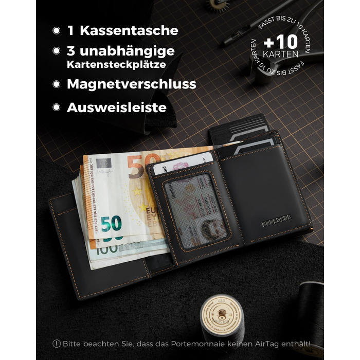 Чоловічий смарт-гаманець DODENSHA MagSnap для AirTag з RFID захистом, відділенням для монет та картхолдером на 10+ карток, чорно-помаранчевий