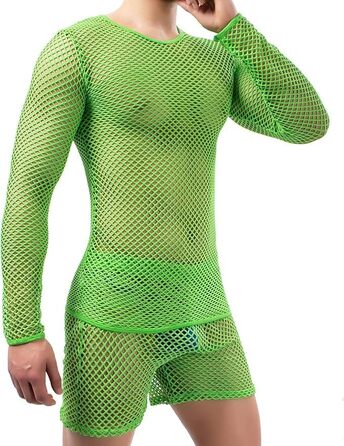 Чоловіча сітчаста футболка QiaTi з довгим рукавом, прозора, мереживна, з короткими шортами (боксерами), зелена