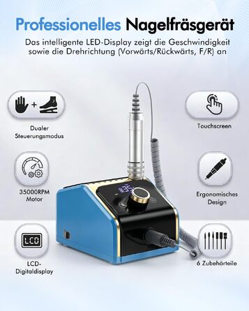 Професійний електричний апарат для манікюру та педикюру CozyZen 35 000 об/хв з LCD-дисплеєм, ножною педаллю та ручним керуванням для акрилу, гелю та натуральних нігтів (Блакитний)