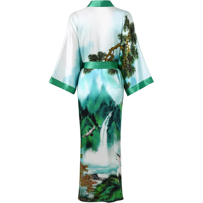 Шовковий халат-кімоно Ledamon для жінок, довгий, 100% шовк - класичний квітковий халат, нічна сорочка (універсальний розмір, пейзаж, весна)