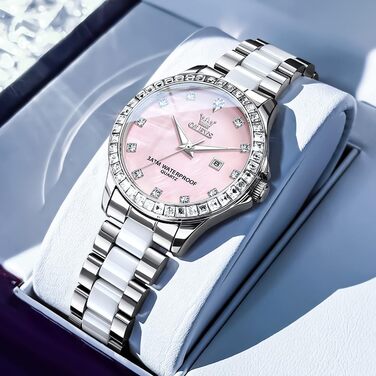 Жіночий годинник OLEVS Elegant Luxury — Рожеве золото, з діамантами та керамічним склом (модель 3651, синій циферблат)