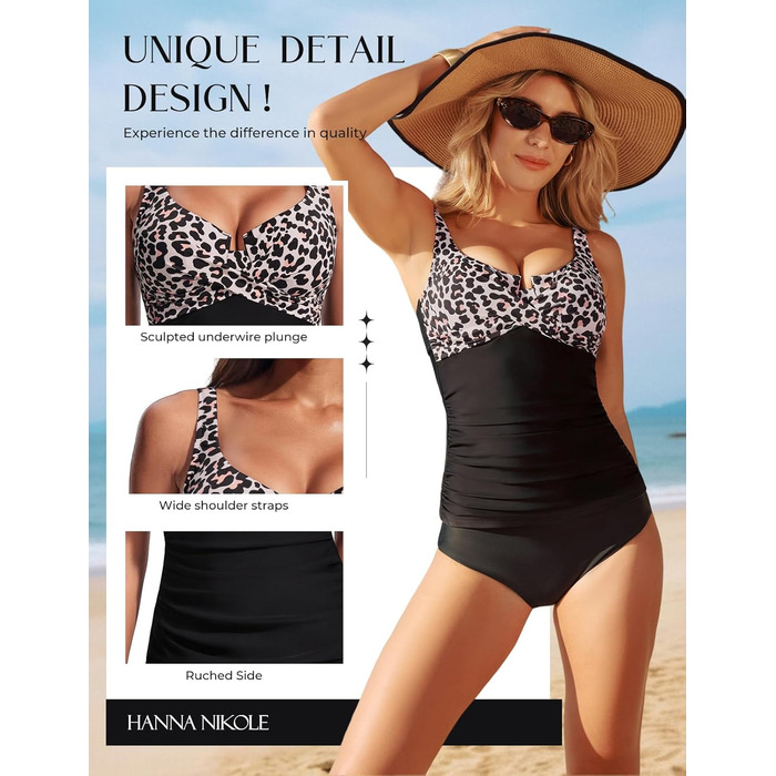 Топ для купальника Tankini Hanna Nikole з животом, зав'язками на грудях, V-подібним вирізом та принтом леопарда, S