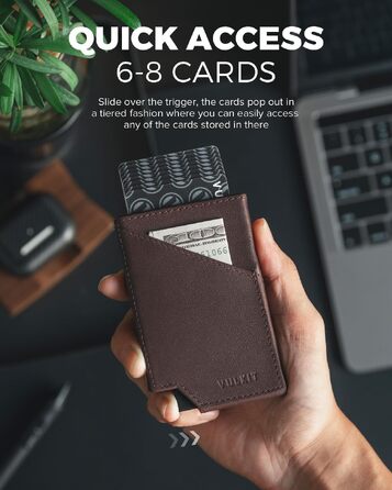 Чоловічий гаманець-картхолдер VULKIT з RFID-захистом та Pop-up механізмом, металевий кейс для карток та відділення для купюр і монет (натуральна шкіра, Espresso)