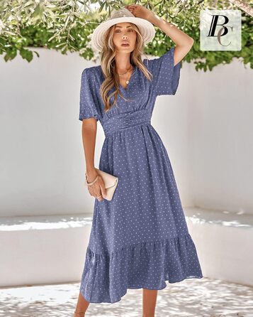 Сукня літня жіноча BebreezChic Boho-шик довга з V-поглибленням, висока талія, швейцарська сітка, квітковий принт, пляжна максі-сукня (XL, блакитно-фіолетова)