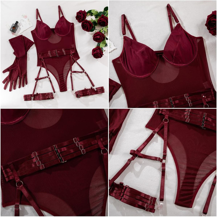 Боді-комбінезон SINROYEE мереживний, шкіряний, з бретельками, червоний (L)