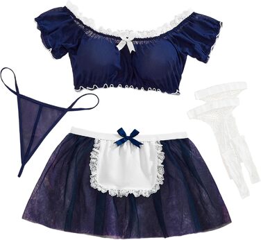 Сексуальна білизна Aranmei для жінок: мереживний прозорий комплект для косплею, 4-частинний (з панчохами), блакитний, XL