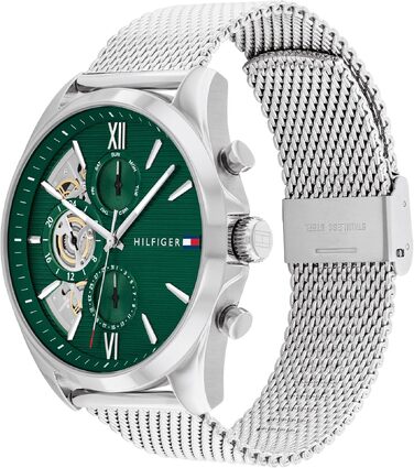 Чоловічий кварцовий годинник Tommy Hilfiger з багатофункціональним циферблатом, сталевим міш-браслетом сріблястого кольору та шкіряним ремінцем Green Mesh