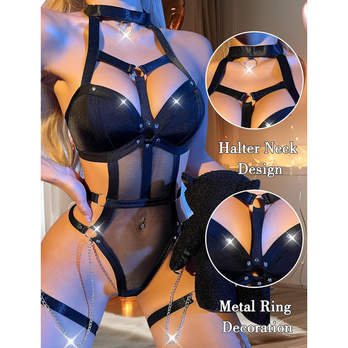 Жіночий боді FEOYA з вирізом, сітчаста тканина, прозорий, суцільний, шкіряний трикотаж для косплею, вечірки, клубу (Чорний виріз, S)