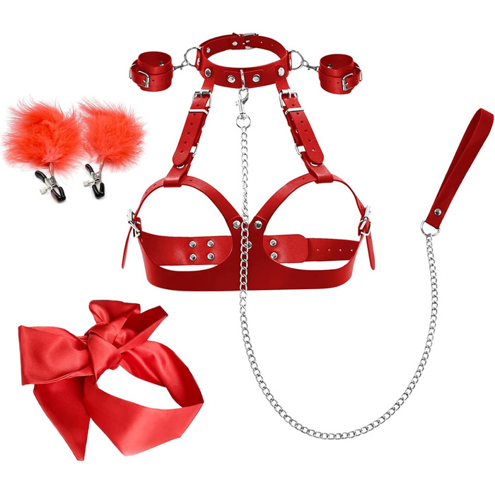 Набір BDSM 6-в-1: наручники, шлея для тіла, чіп, батіг, маска для очей, мотузки для фіксації. Для пар. Червоний колір.