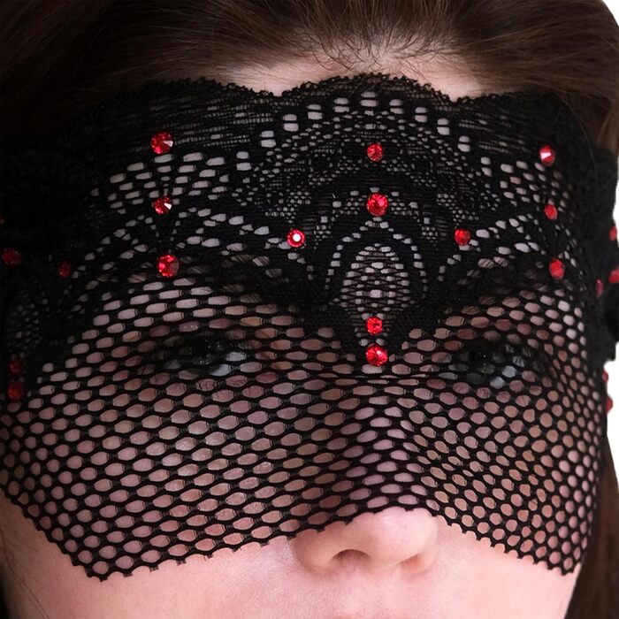 Чорна мереживна півмаска для жінок з червоними стразами – венеціанська маска для маскараду, карнавалу, весілля, вечірки, косплею, бурлеску та Марді Гра (Чорний (червоні стрази))