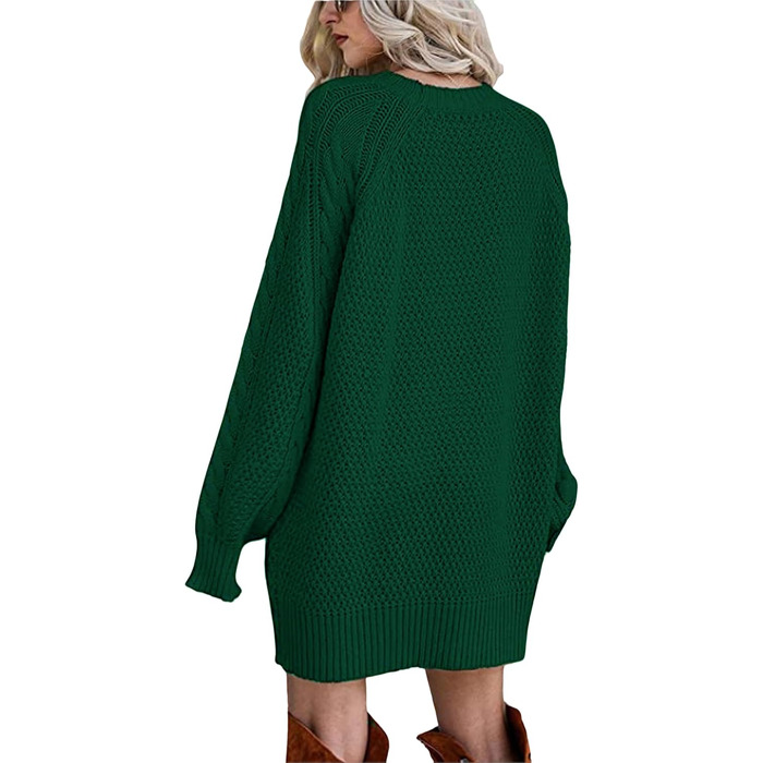 Жіноча в'язана сукня-свитер EFIN Oversized з пишними рукавами, тепла зимова міні-сукня грубої в'язки (Темно-зелена, L)
