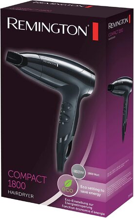 Компактний фен для волосся Remington Compact D5000, 1800 Вт, з насадкою-концентратором, 3 режимами температури та 2 рівнями обдуву, Eco-режим