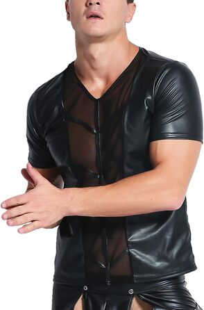 Чоловіча сорочка з еластичної шкіри з сітчастою вставкою. Стильна футболка-майка з ефектом лакованої шкіри, чорного кольору. Slim Fit, короткий рукав, для клубів, літня модель, обтягуюча. XL