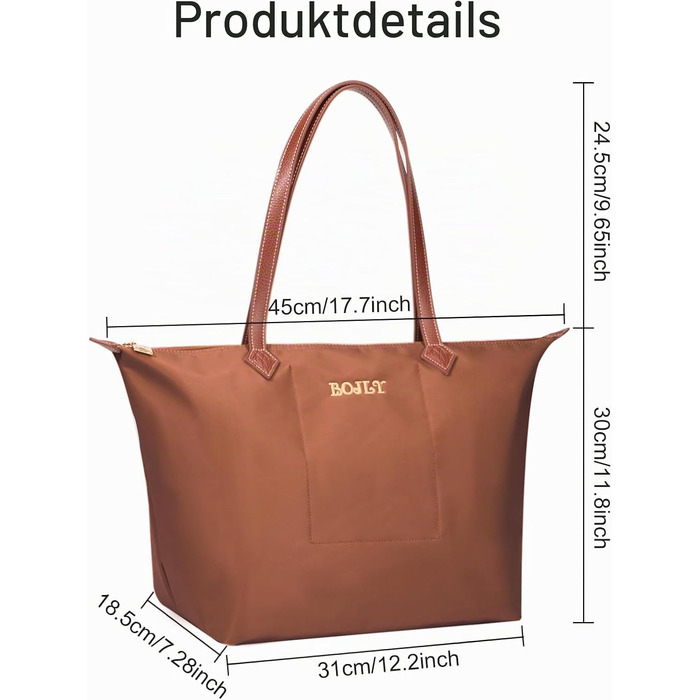 Жіноча сумка-шопер Tote Bag великого розміру, водонепроникна нейлонова сумка на плече з блискавкою, складана сумка для роботи, навчання, покупок та подорожей (Іржаво-коричнева)