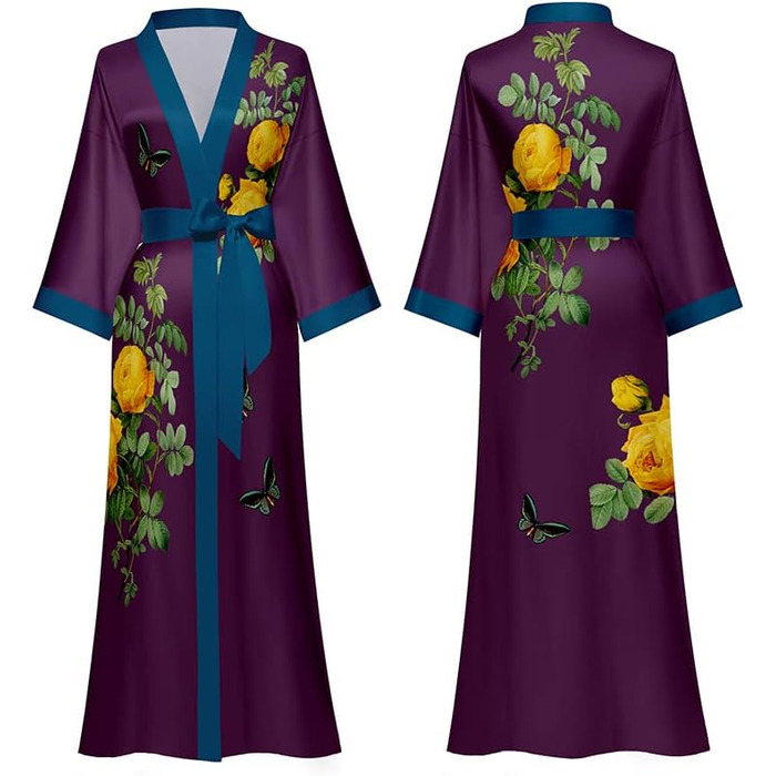 Халат жіночий атласний максі довгий, шовковий кімоно, халат для ванної кімнати, літня роба, піжама, вечірній халат, квітковий принт, темно-фіолетовий (один розмір)