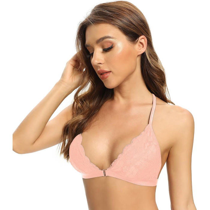 SHEKINI: Безкарсетний бюстгальтер для жінок з застібкою спереду, бралетт, мереживний, трикутник, з підкладкою, сексуальний топ-кроп, білий (рожевий, S)