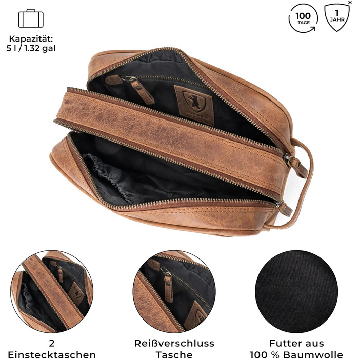 Шкіряна косметичка для подорожей Berliner Bags Vintage Kulturbeutel Max, велика сумка для гігієни з 2 відділеннями, унісекс, колір коричневий камель