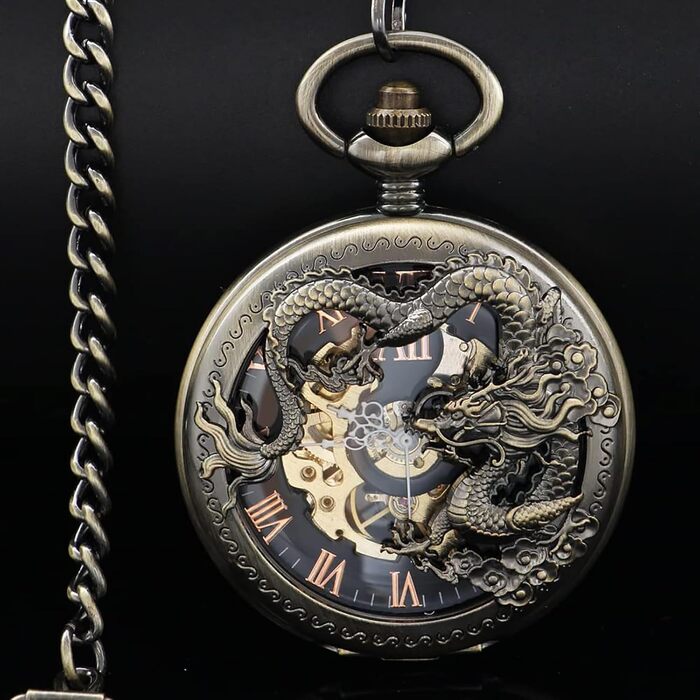 Механічний кишеньковий годинник Tiong Vintage Steampunk зі скелетоном, римськими цифрами та ланцюжком (бронза, чорний) — подарунковий набір з коробкою