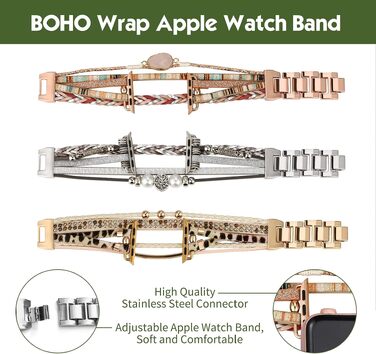 Шкіряний багатошаровий ремінець Boho для Apple Watch Series 11 10 9 8 7 6 5 4 3 2 1 SE Ultra 1 2 3, 42/44/45/46/49мм, чорний