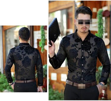 Чоловіча прозора сорочка Bollrllr з квітковою вишивкою, мереживна сорочка, сексуальний прозорий одяг, чорна сорочка XXL