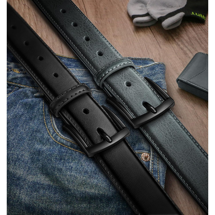 Набір шкіряних чоловічих ременів BULLIANT (2 шт.), ширина 35 мм, довжина 105-125 см, для костюмів, джинсів та повсякденного одягу, чорний та сірий