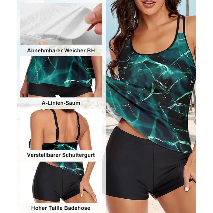 Tankini жіночий купальник з шортами, комплект двочастинний, літній, великий розмір (XL, чорно-зелений)