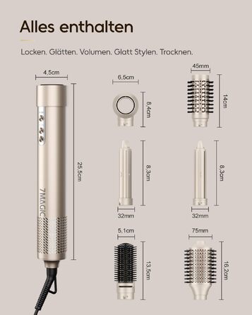 Мультистайлер 6 в 1 7MAGIC Airstyler: іонний фен, автоматичний стайлер для локонів та щітка для вирівнювання волосся, ефект Коанда, колір Champagne Gold