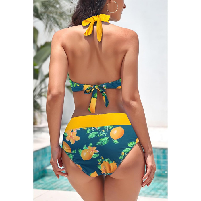 Жіночий купальник бікіні Damen Triangel Yellow Lemon з квітковим малюнком та шнурівкою
