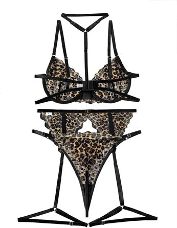 Сексуальний комплект нижньої білизни Lilosy з чокером, мереживо з квітковим візерунком, пуш-ап, стрінг, для жінок, прозорий бюстгальтер та трусики, 3-частинний, XXS, мереживний леопардовий принт