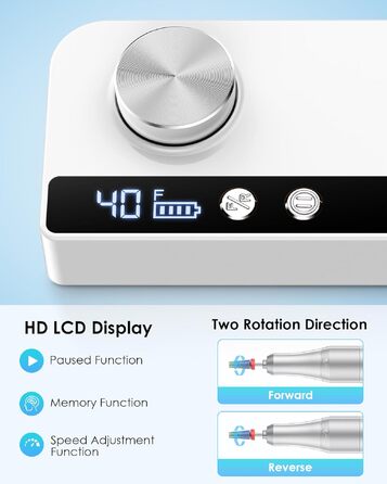 Електричний апарат для манікюру та педикюру Heypappy, 40000 об/хв, з LCD-дисплеєм та набором із 15 насадок, акумуляторний фрезер для нігтів (Білий)