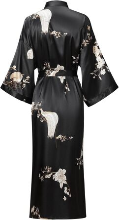 Жіночий халат з довгим рукавом з шовку, сатин, кімоно, квітковий принт, чорний, універсальний розмір