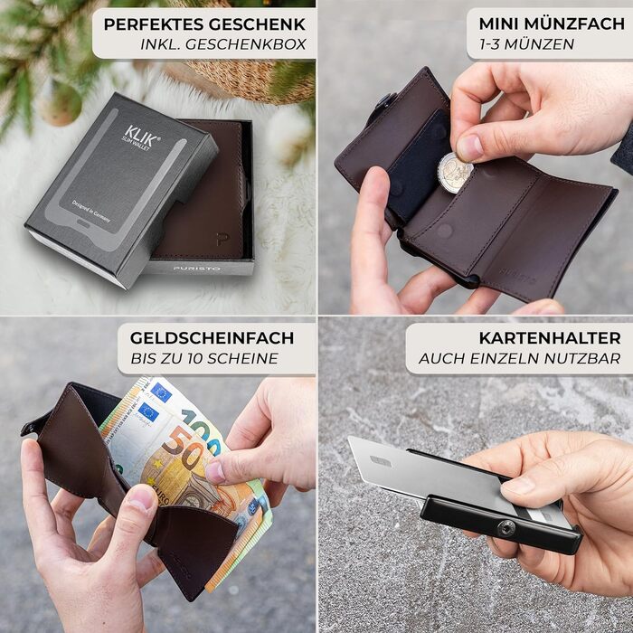 Шкіряний мінімалістичний гаманець KLIK Slim з монетницею та RFID захистом для чоловіків, темно-коричневий, на 10-12 карток
